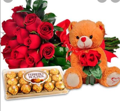 BUQUÊ RÚSTICO 12 ROSAS, URSO E CHOCOLATE. 01 UNIDADE / VERMELHAS